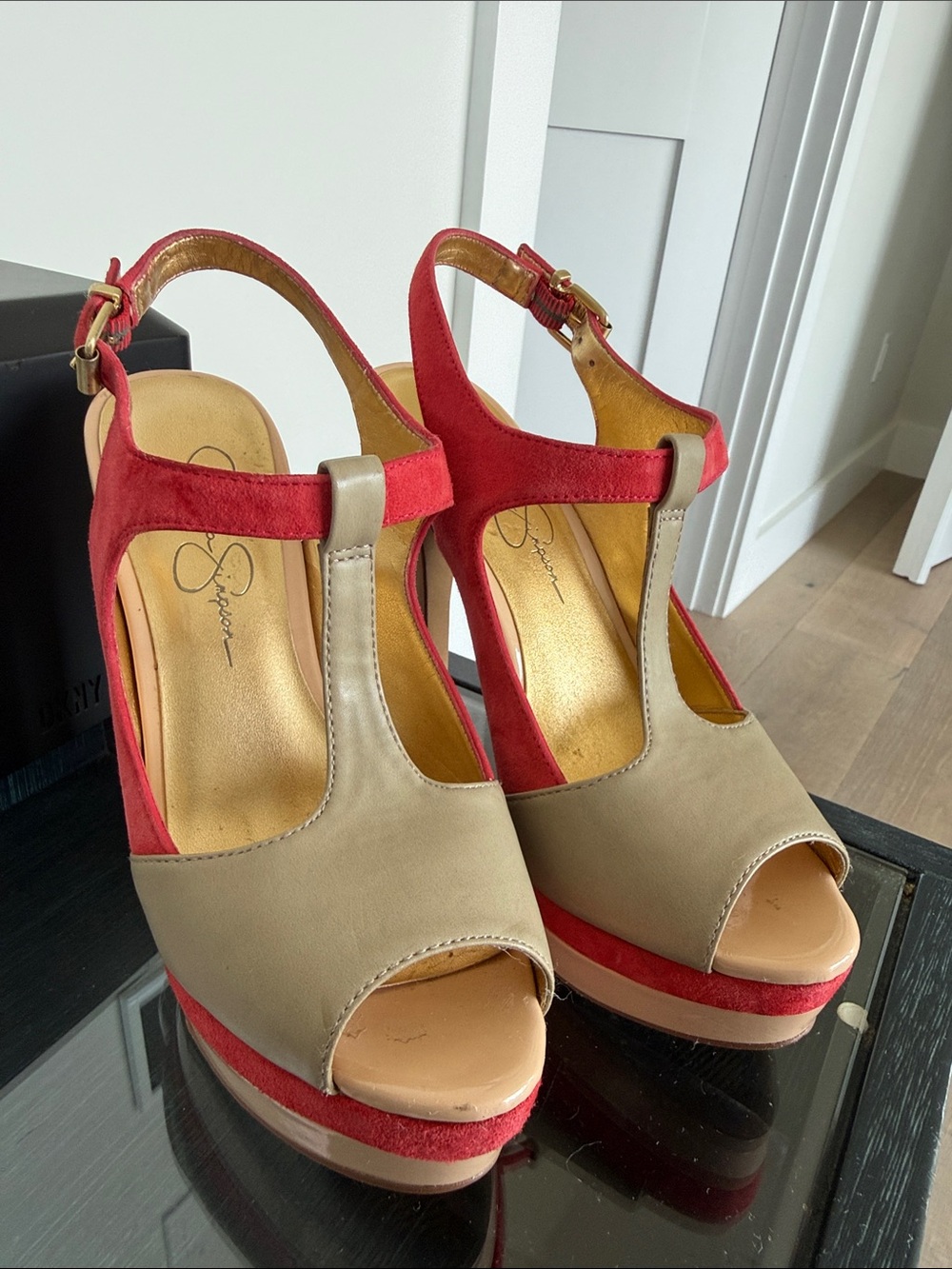 Jessica Simpson Red and Taupe T-Strap Platform Sandals